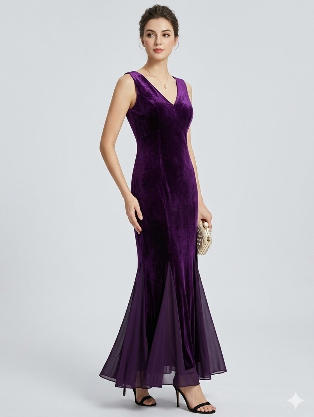 NWT Candalite purple velvet asymmetrical tulle hem formal maxi dress wom…